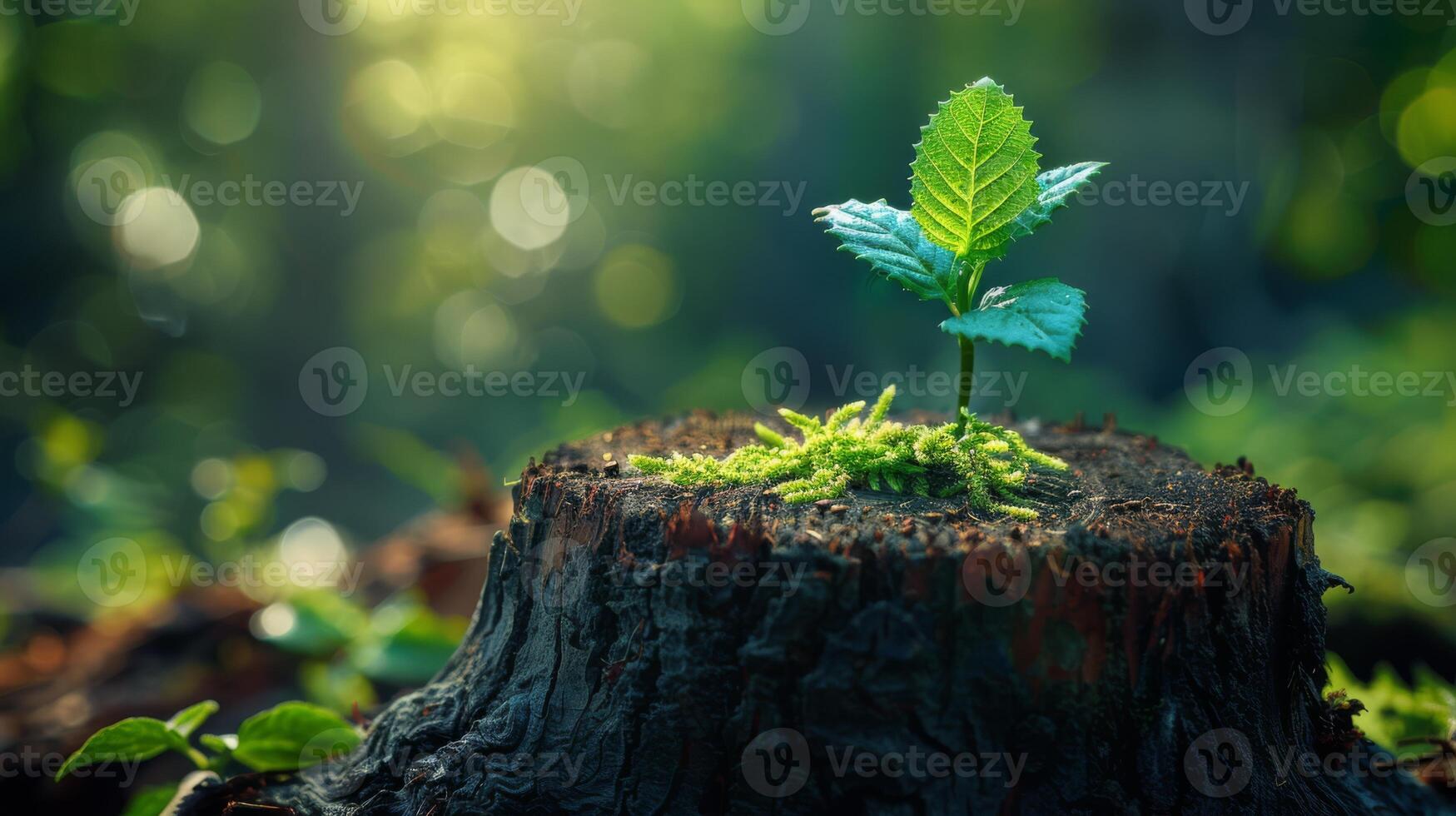 AI generated New shoot growing from a stump, illustrating resilience and rebirth photo