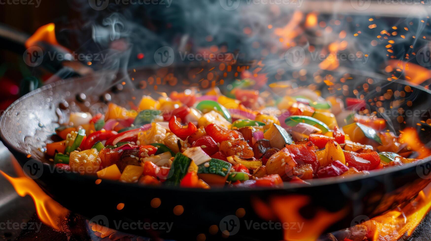 AI generated A sizzling pan of colorful stir-fry vegetables with flames licking the edges photo