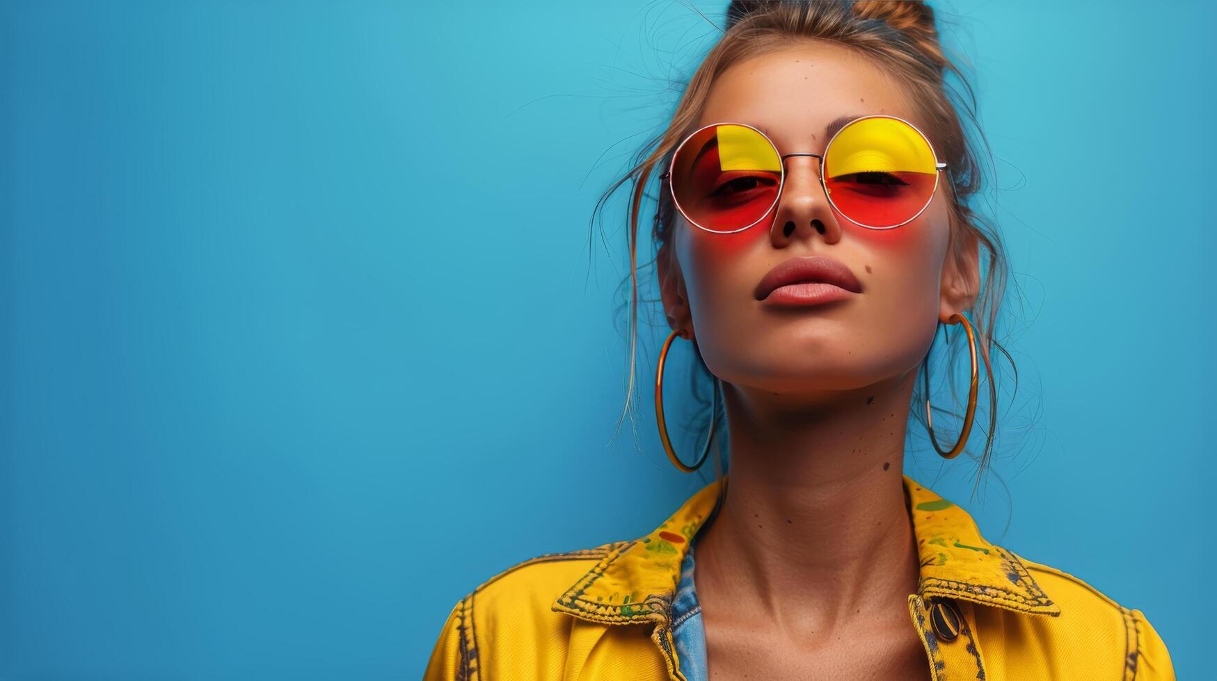 AI generated Woman Wearing Red Sunglasses and Yellow Jacket photo
