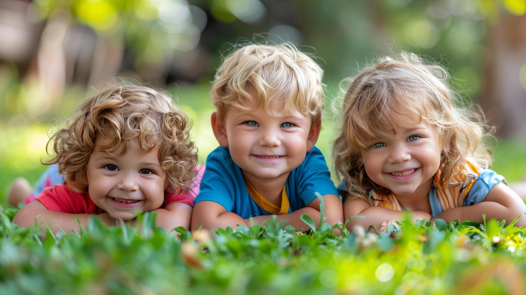 ai generado Tres joven niños tendido en césped foto