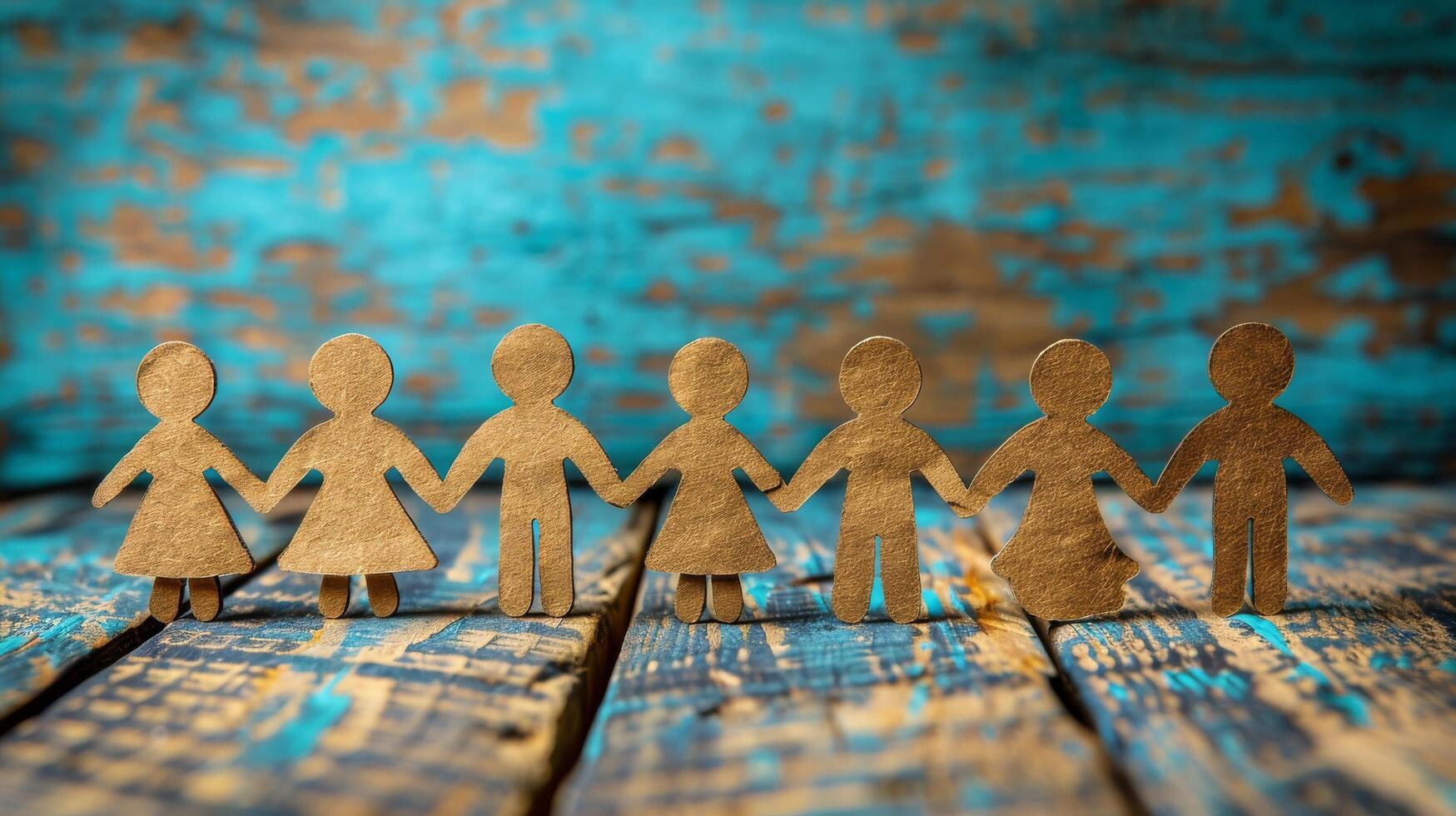 AI generated Group of Cut Out People Standing on Wooden Table photo