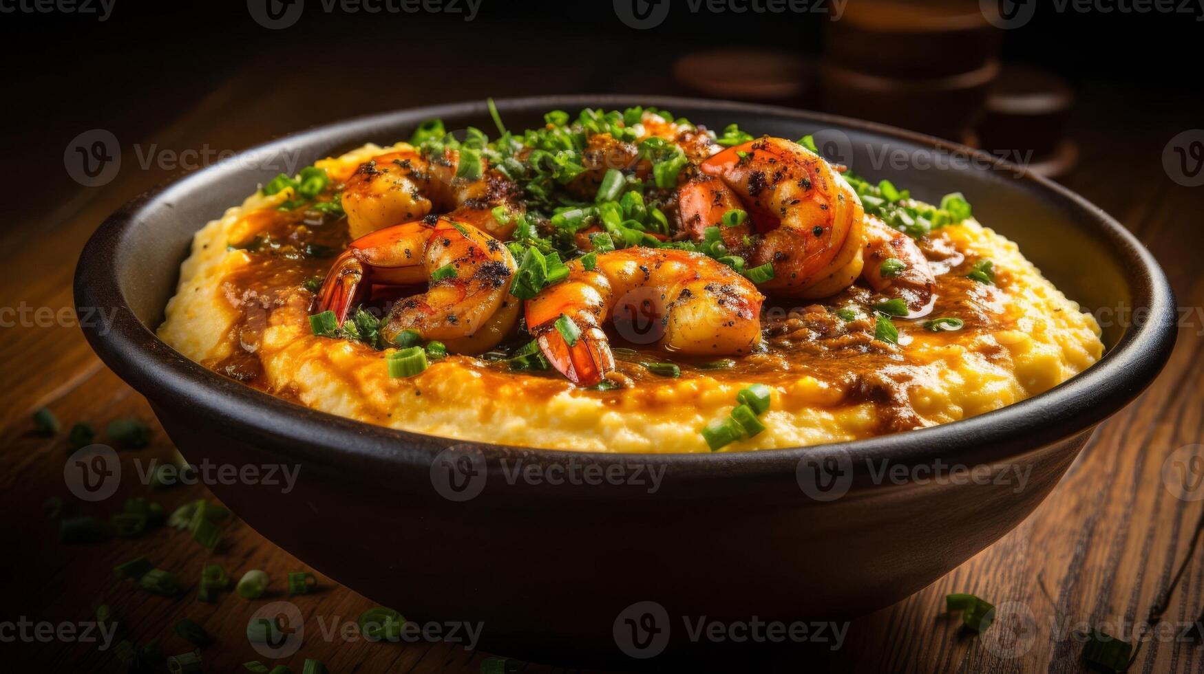 AI generated Grits with shrimp, a savory dish popular in the American South photo