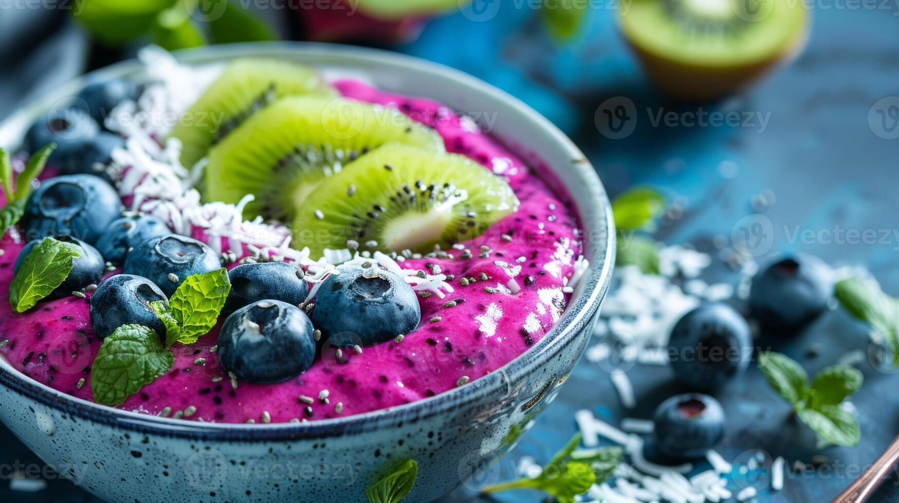 ai generado un vibrante continuar Fruta zalamero cuenco con kiwi y Coco copos foto