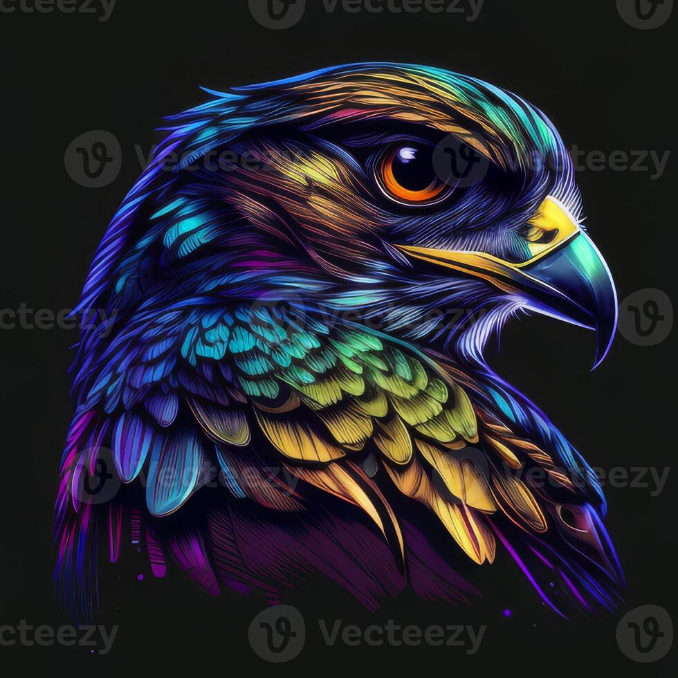 AI generated Falcon portrait graphic for t-shirt vector, synthwave influence, vivid colors, detailed design photo