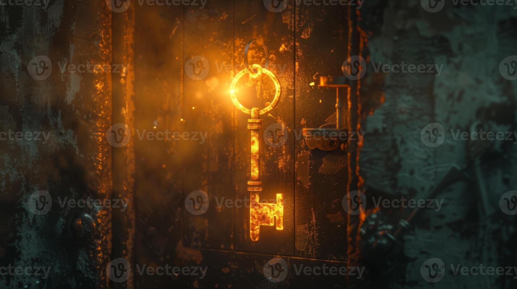 AI generated A glowing key suspended in mid-air, door hidden in shadows photo