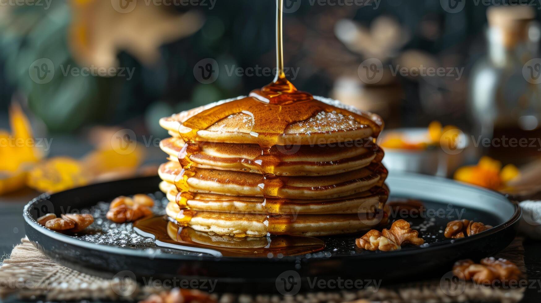 AI generated A waterfall of maple syrup cascading over a stack of fluffy pancakes photo