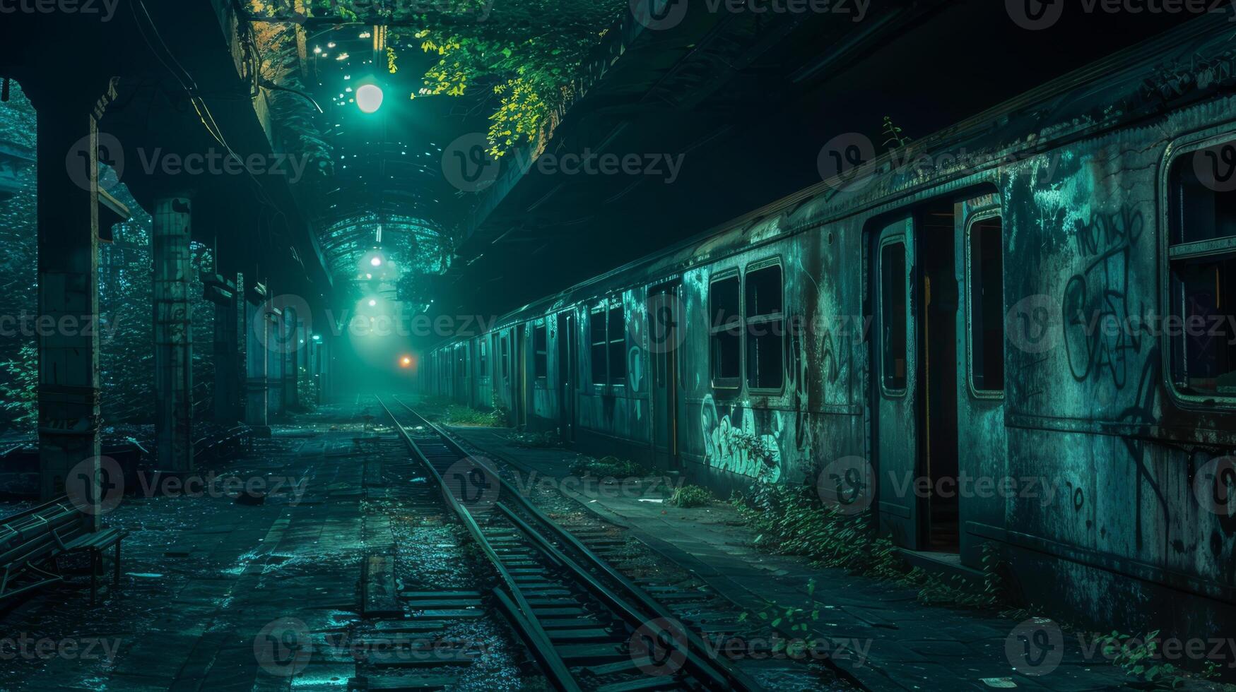 AI generated An eerie, abandoned subway station with phantom trains passing through in the night photo