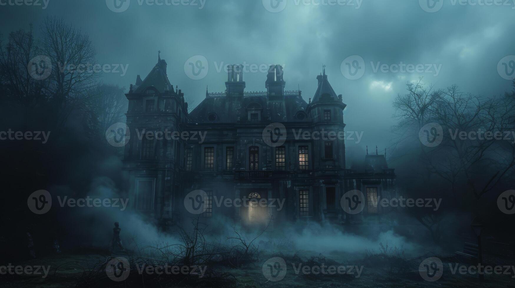 AI generated A dark, abandoned mansion enveloped in thick fog, with faint ghostly figures in the windows photo