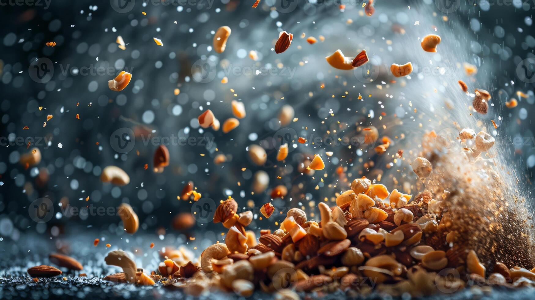 AI generated A tornado of mixed nuts swirling around, with a hint of salt in the air photo