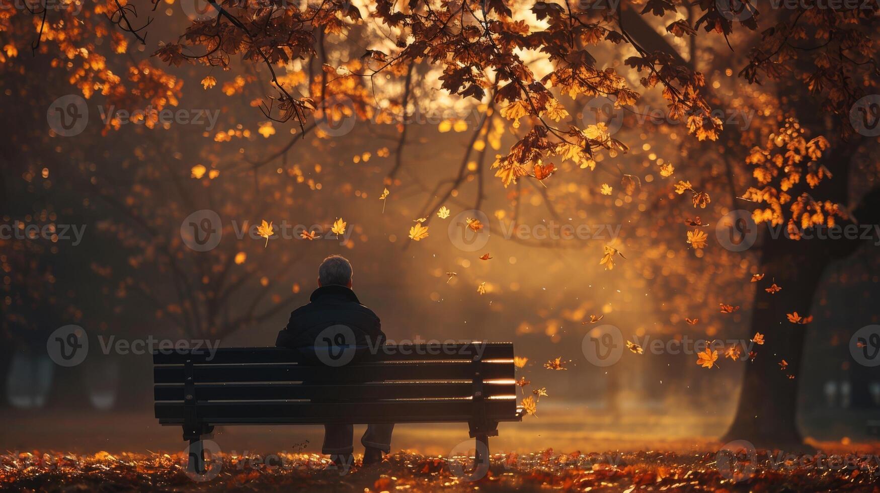 AI generated Person sitting alone on a park bench, staring at the ground in deep thought photo
