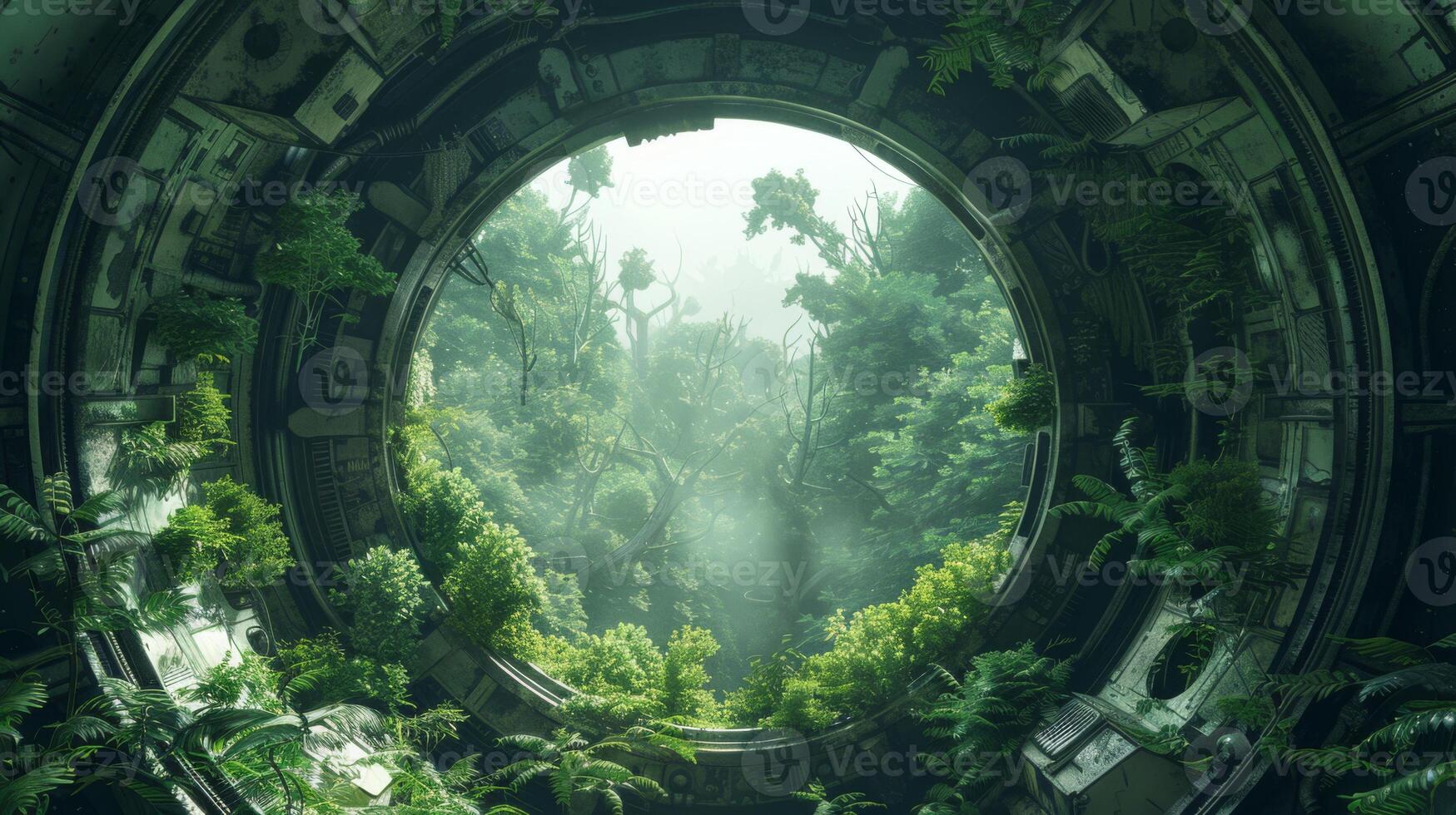 AI generated Abandoned spaceship with alien flora overtaking the interior, photo