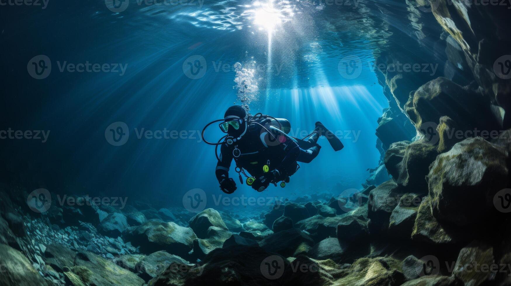 AI generated Scuba diver exploring a deep underwater cave, aquatic mystery photo