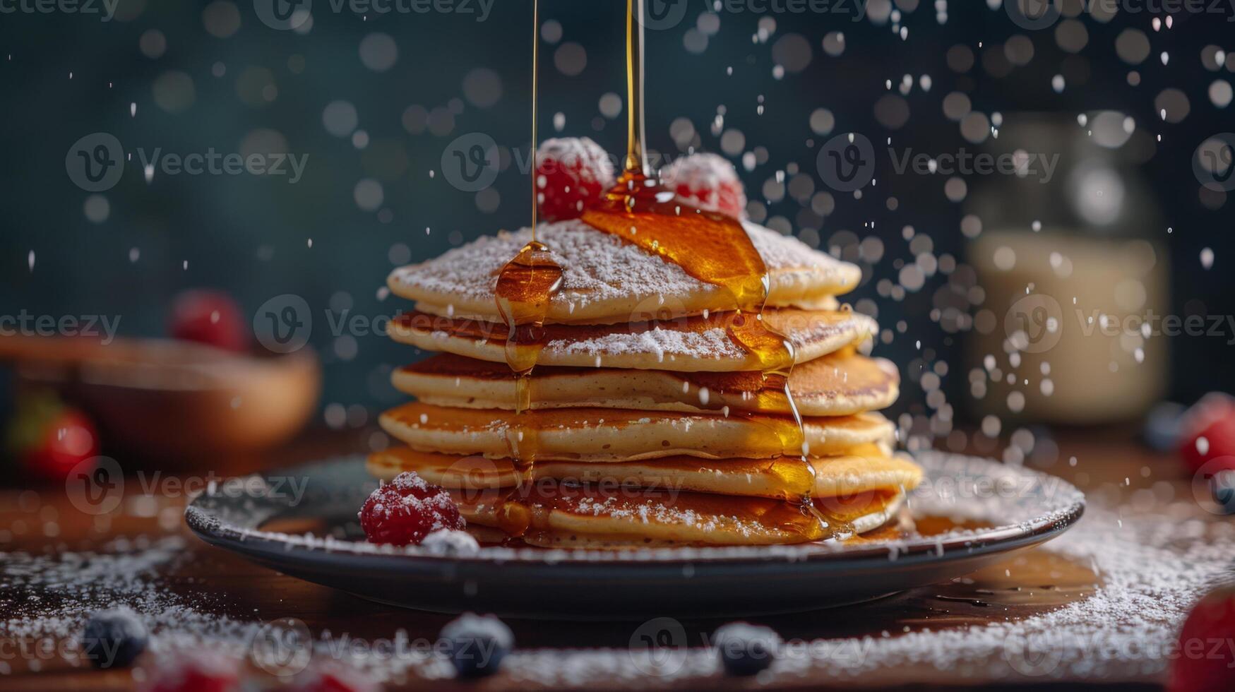 AI generated A waterfall of maple syrup cascading over a stack of fluffy pancakes photo
