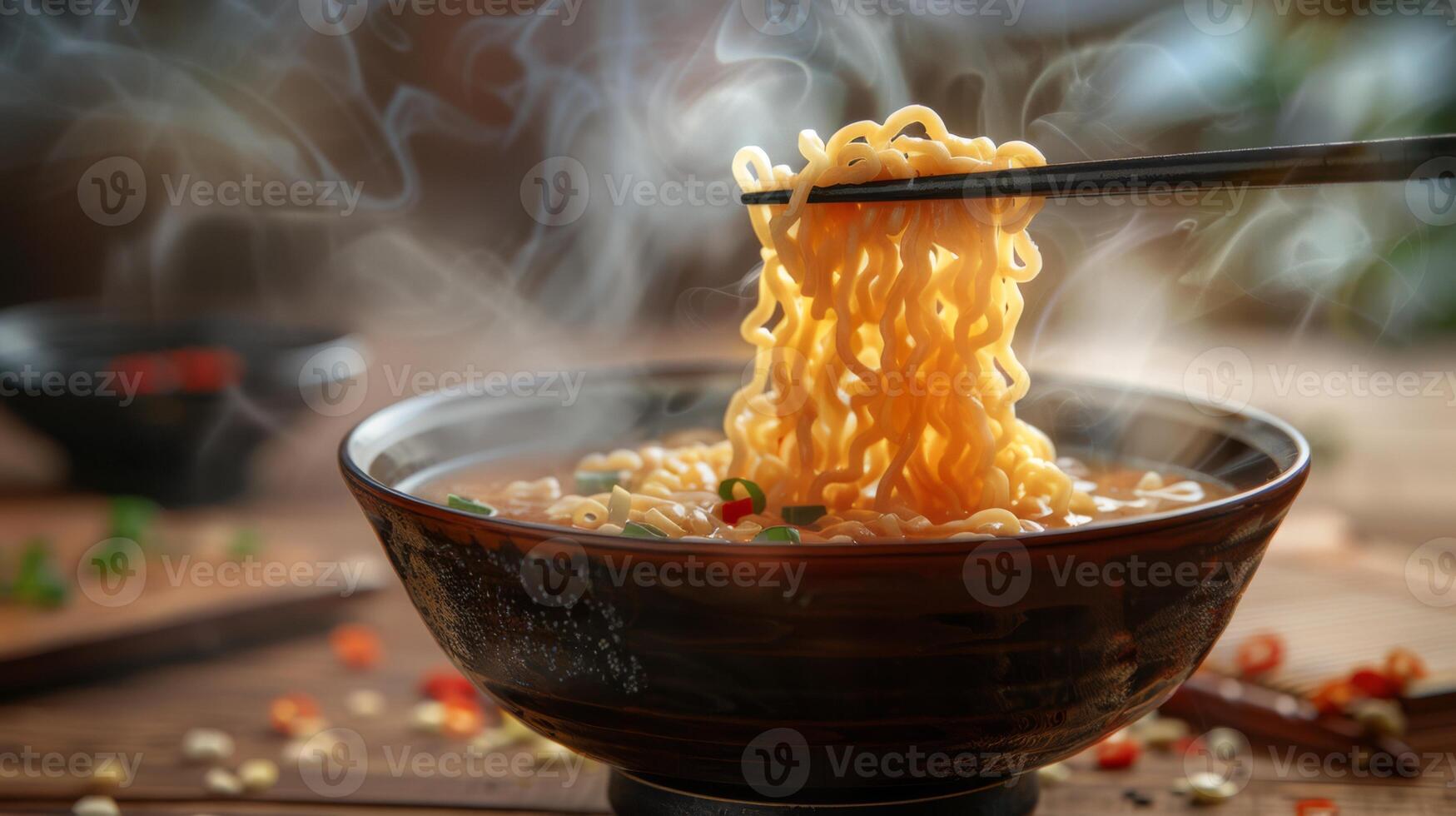 AI generated A bowl of steaming ramen with noodles being lifted with chopsticks photo