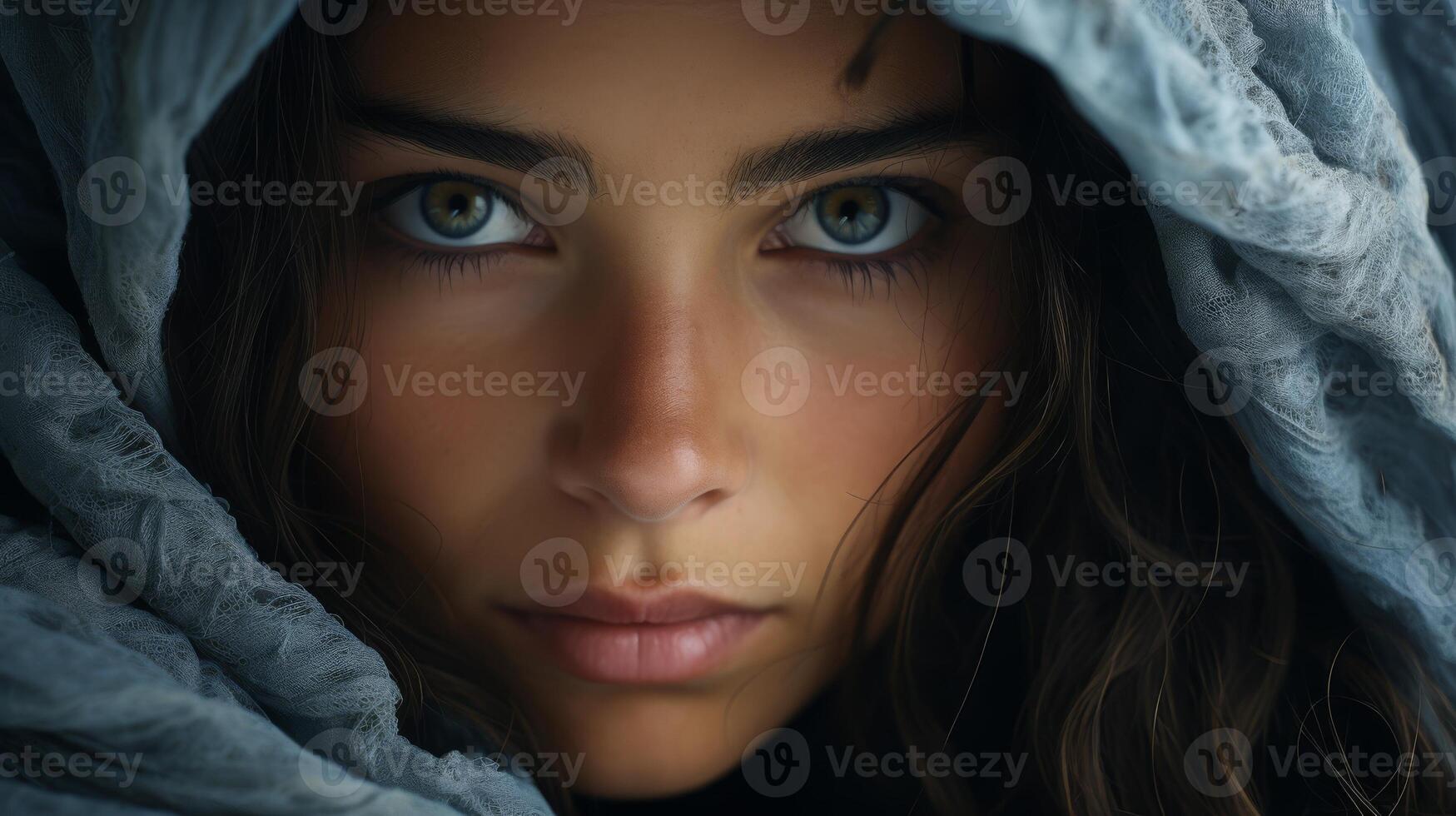 AI generated Ill person wrapped in a blanket, focusing on the eyes photo