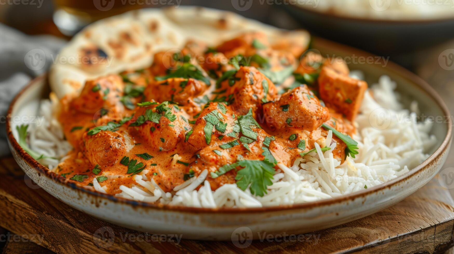 AI generated A plate of chicken tikka masala with rice and a slice of naan photo