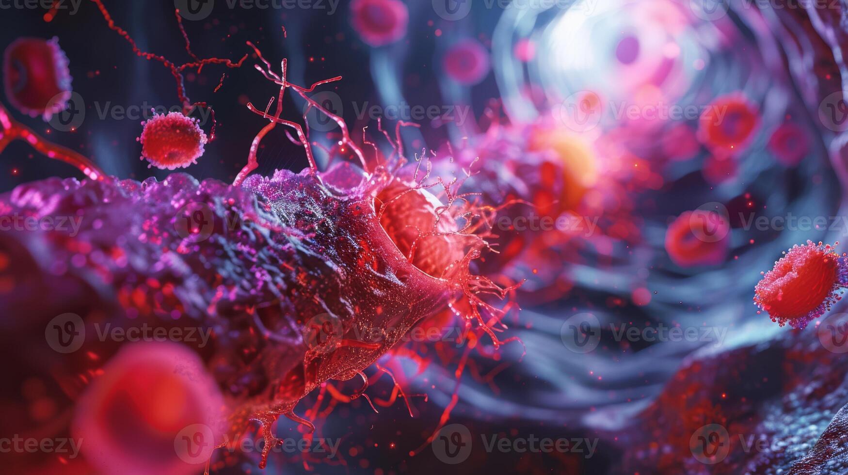 AI generated Visualization of the cascade of clotting factors leading to fibrin mesh formation in a vein photo