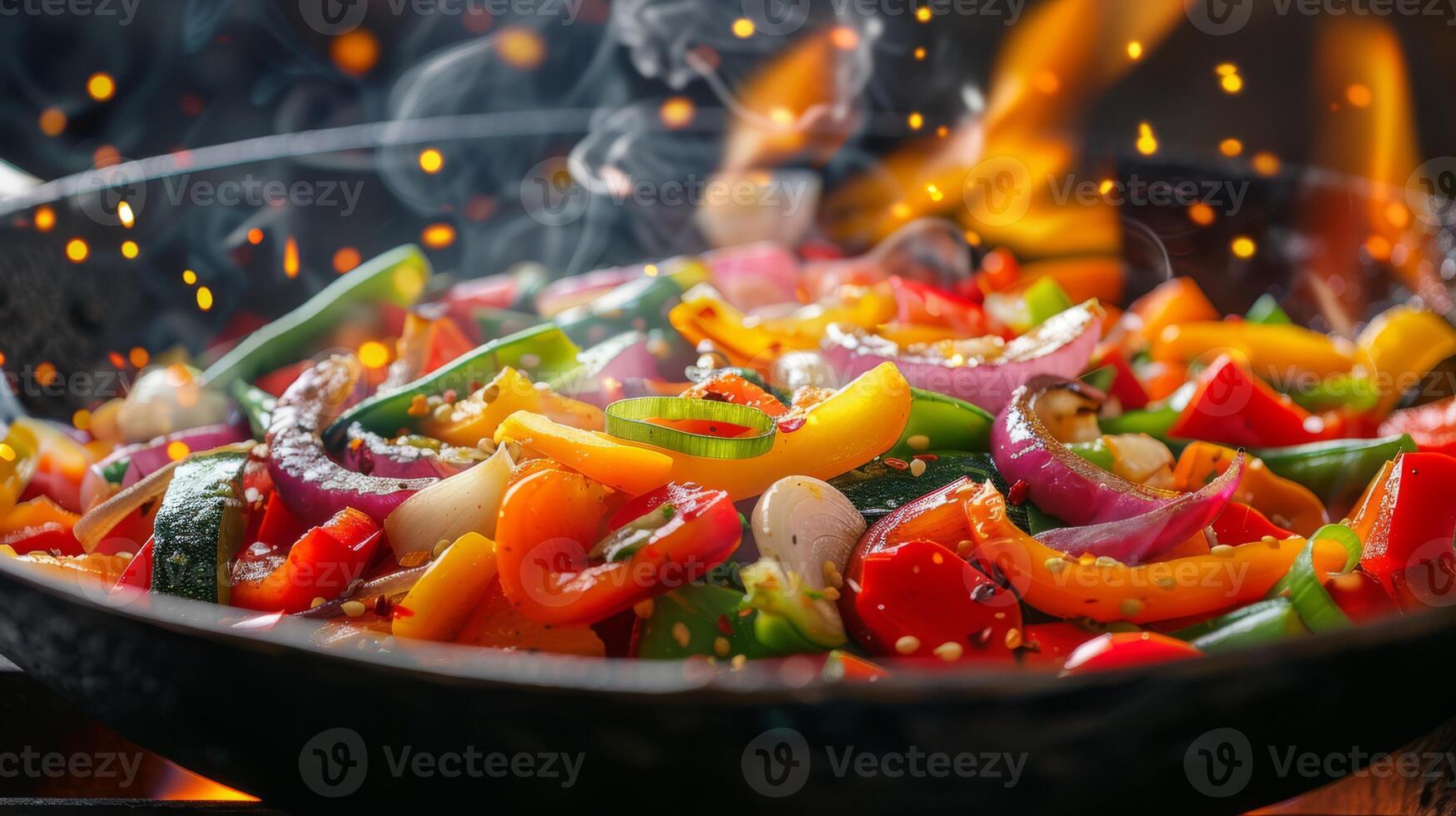 AI generated A sizzling pan of colorful stir-fry vegetables with flames licking the edges photo