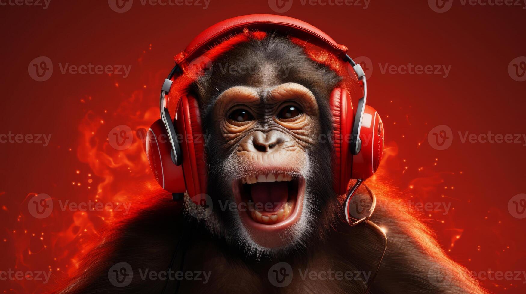 AI generated A monkey with headphones, bobbing its head, showing enjoyment photo