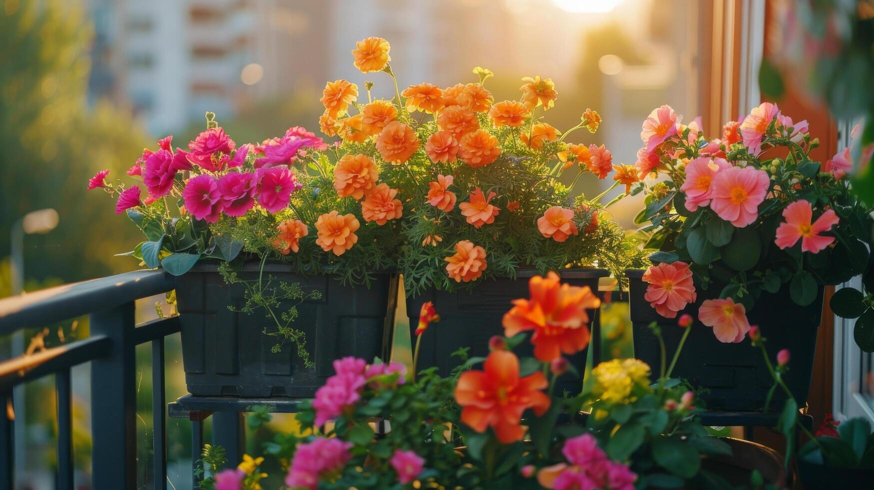 ai generado fila de en conserva flores en balcón foto