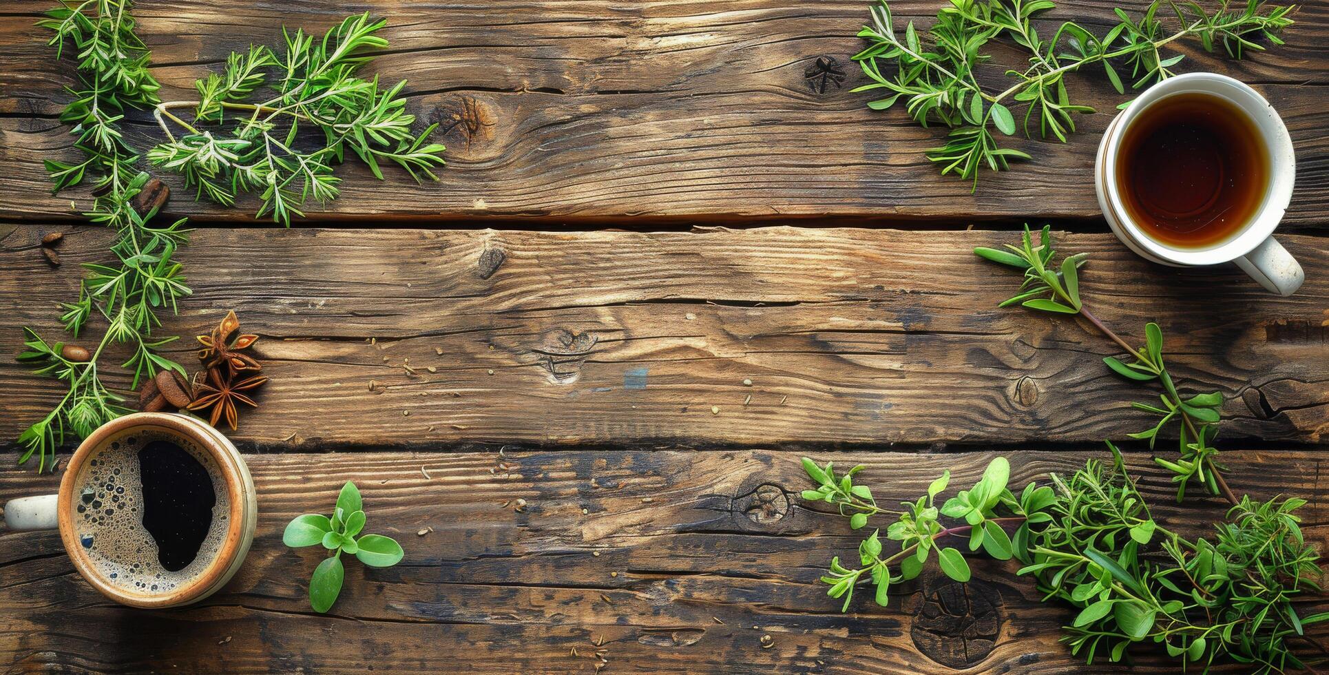 AI generated Two Cups of Tea With Herbs on a Wooden Table photo
