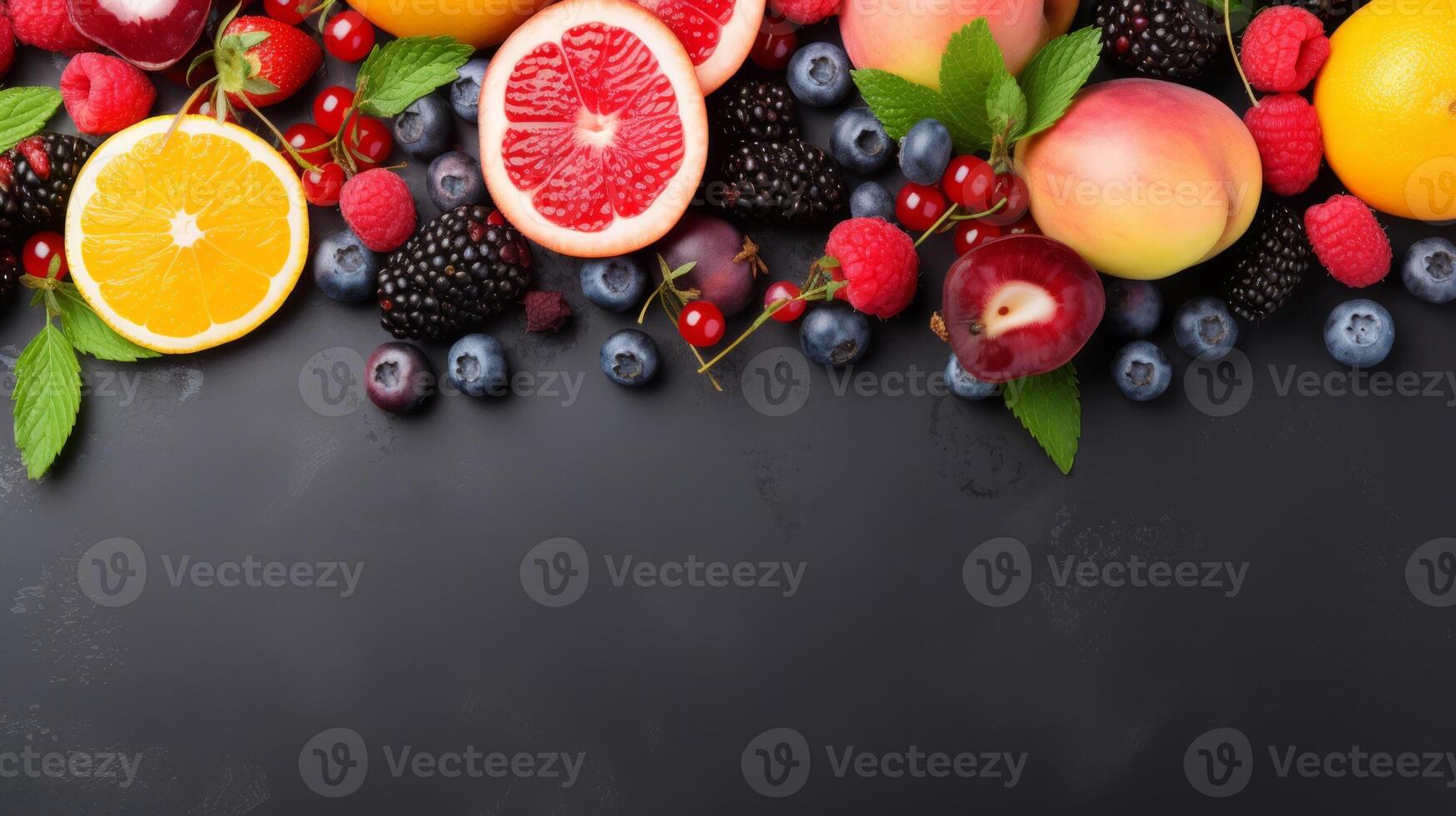 AI generated Fresh summer fruits on a bright background, space for text photo