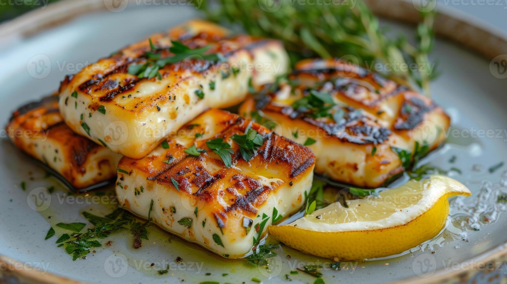 AI generated A plate of grilled halloumi cheese with a lemon wedge and fresh herbs photo