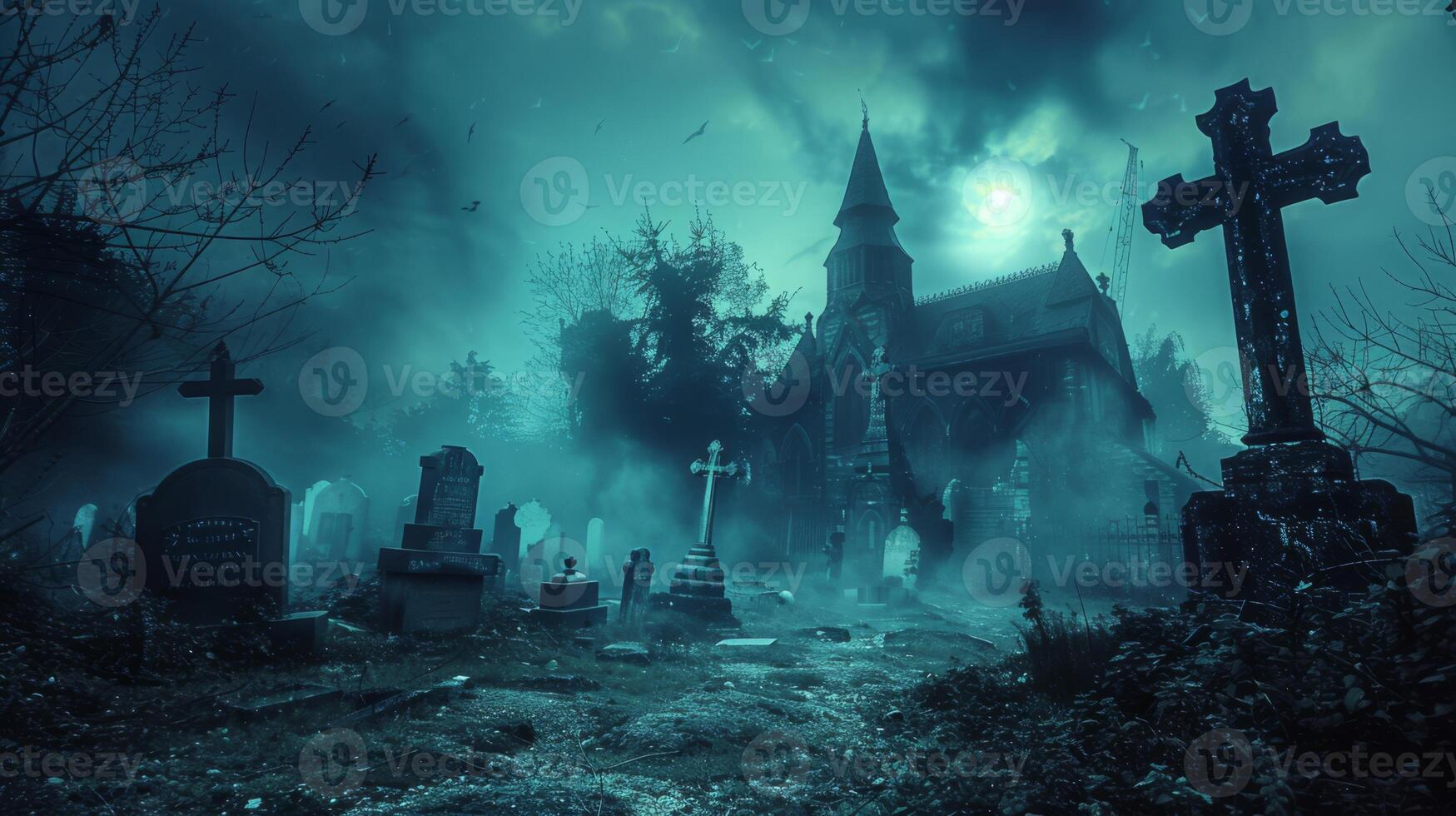 AI generated Frightening, haunted cemetery with eerie apparitions photo