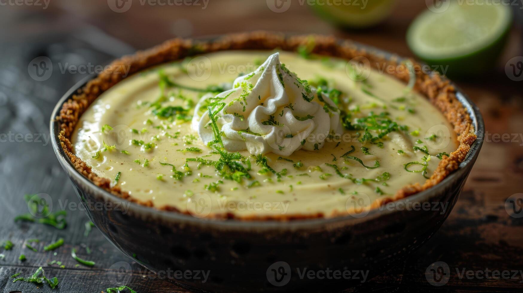 AI generated A bowl of key lime pie with whipped cream and lime zest photo