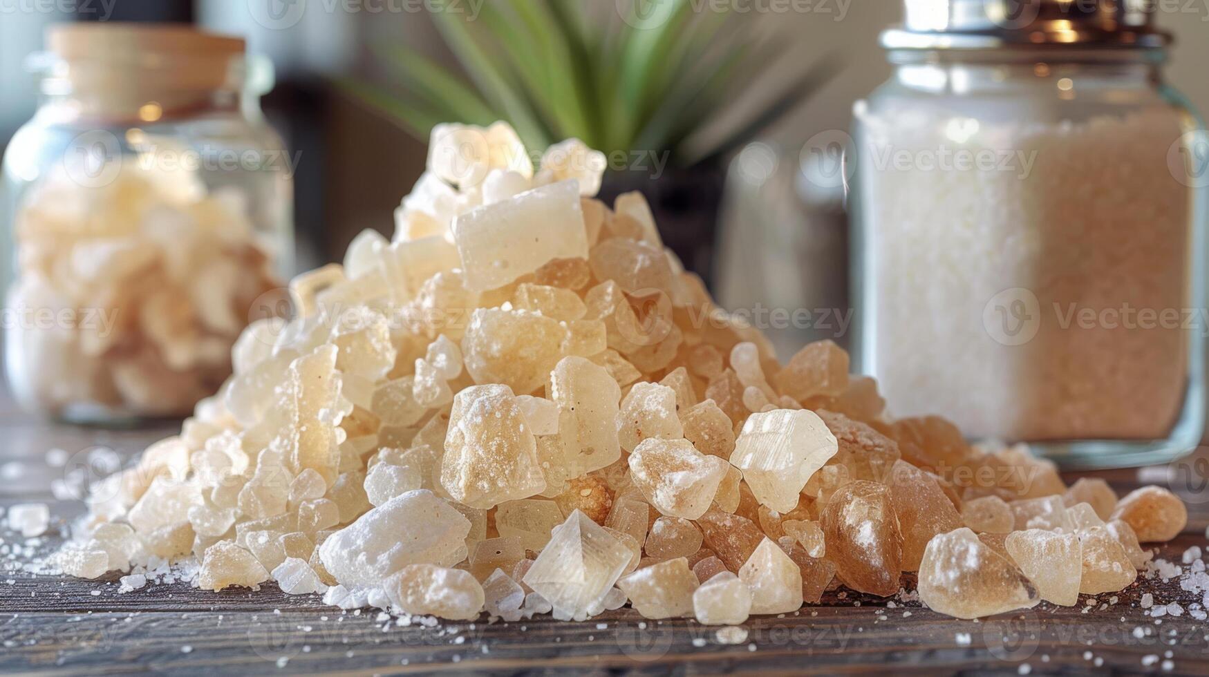 AI generated A pile of salt crystals beside a shaker of table salt