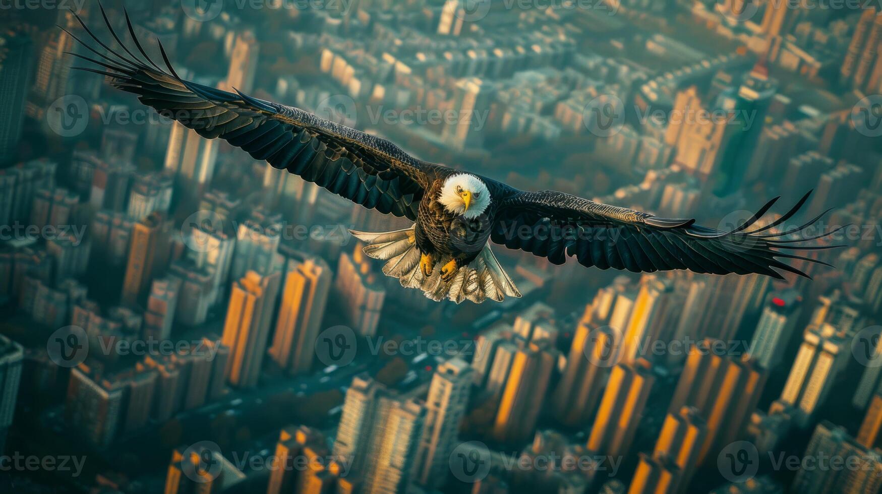 AI generated Soaring eagle above a crowded city, symbolizing freedom vs. confinement photo
