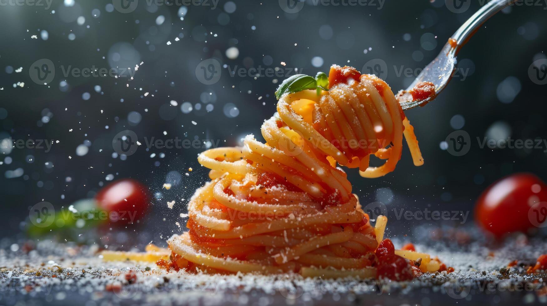 AI generated A tornado of pasta being twirled on a fork with tomato sauce splashing photo
