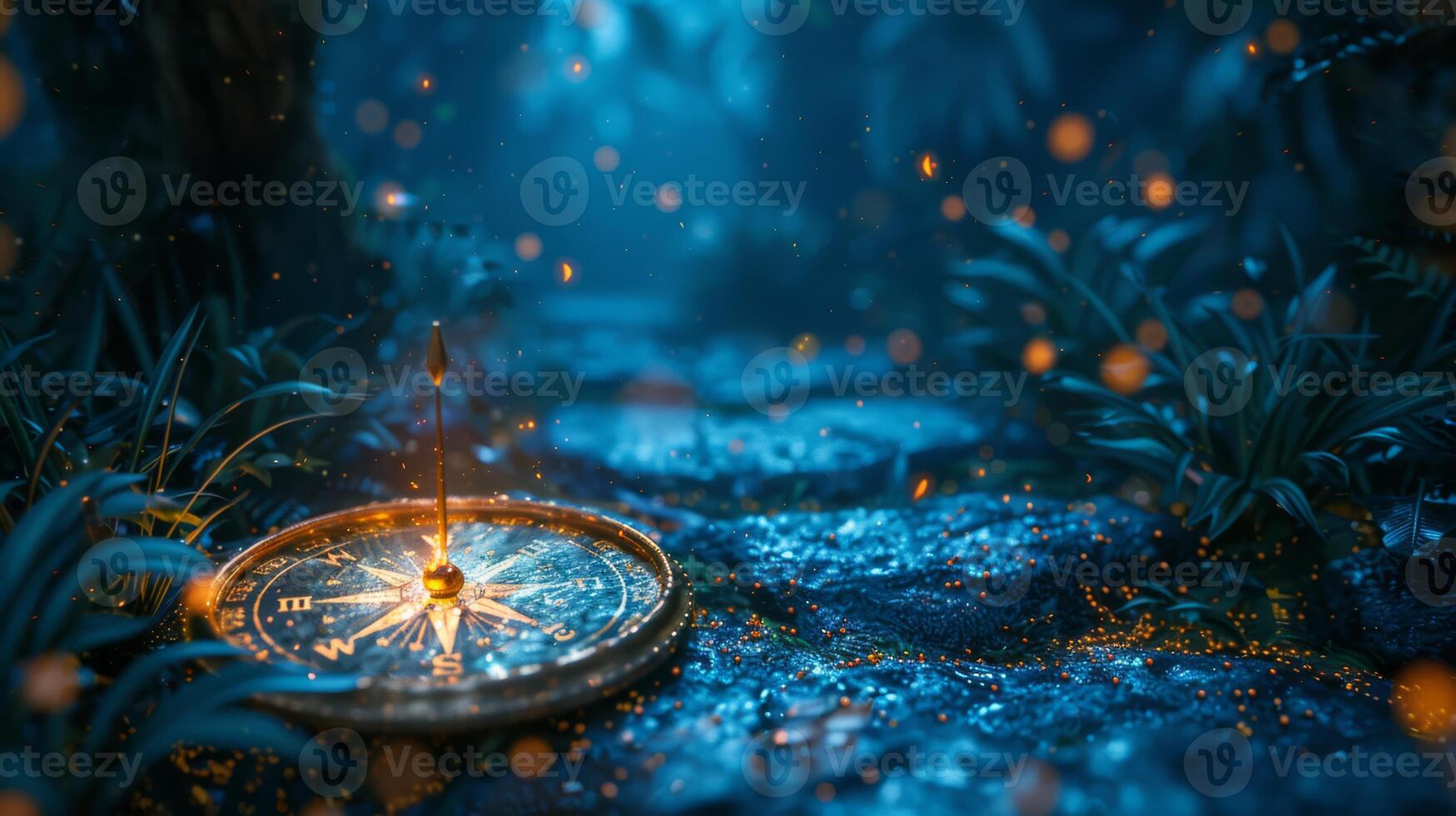 AI generated Compass needle spinning to point at an enchanted forest photo