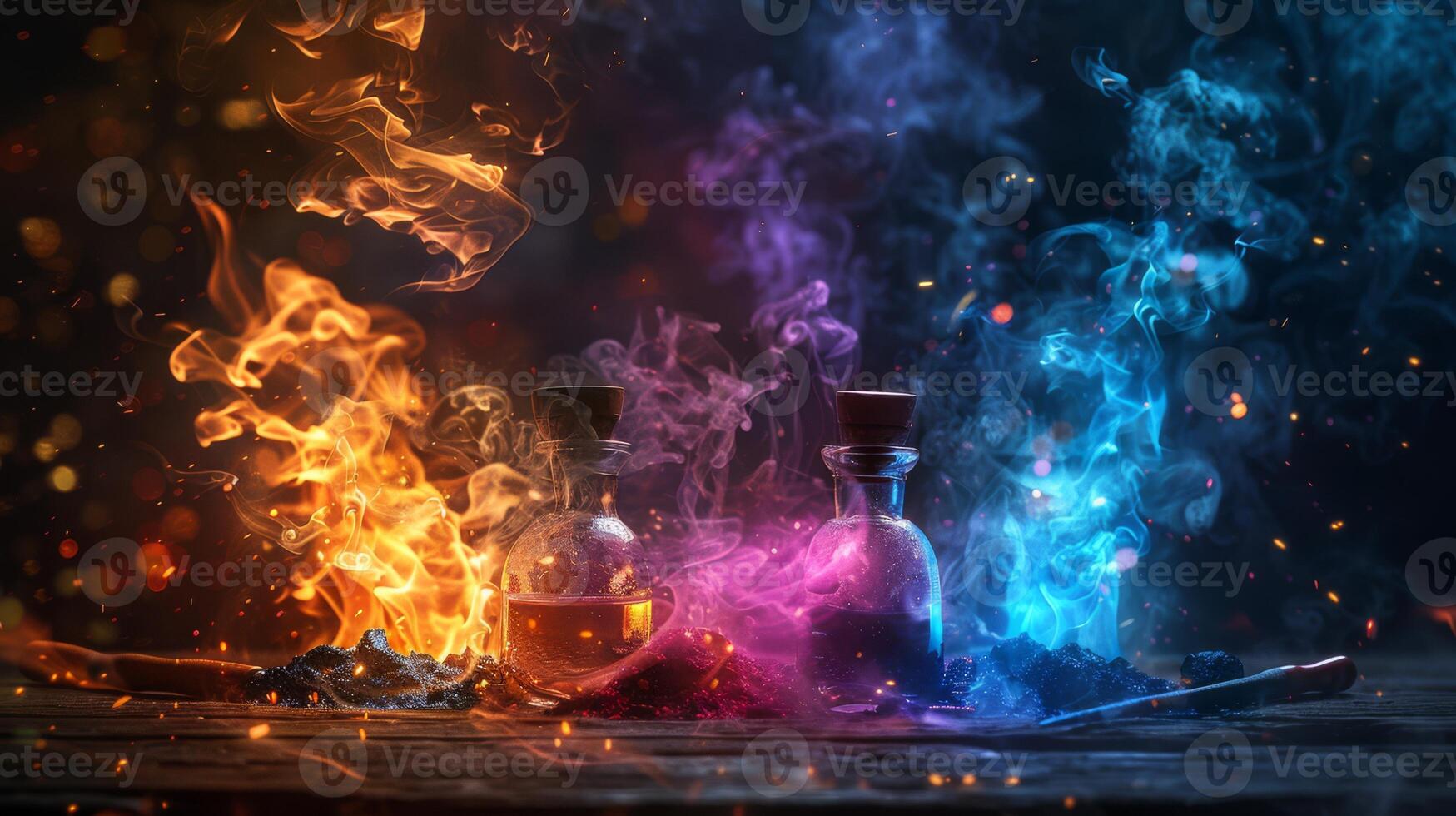 AI generated Alchemical transformation of metals with vibrant flames photo