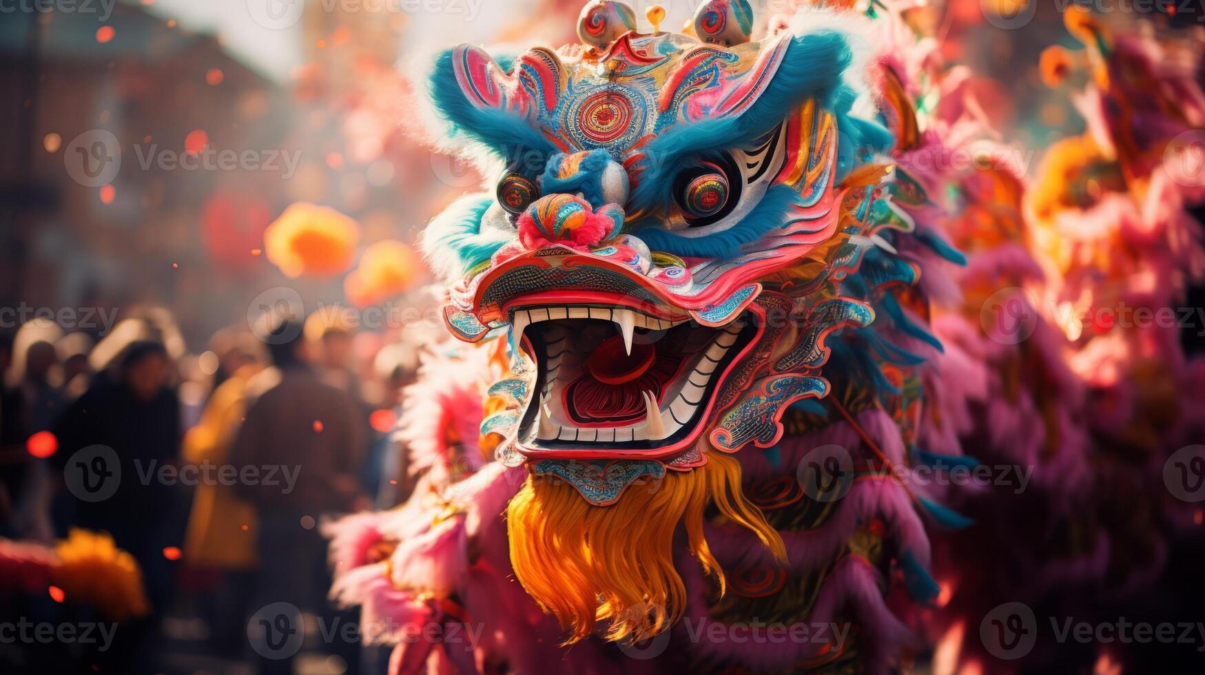 AI generated Chinese New Year dragon dance, colorful and dynamic photo