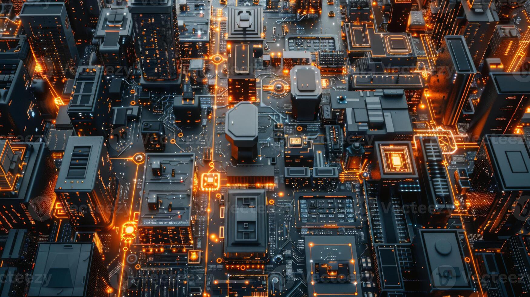 AI generated An aerial view of a smart city empowered by decentralized manufacturing and cutting-edge infrastructure photo