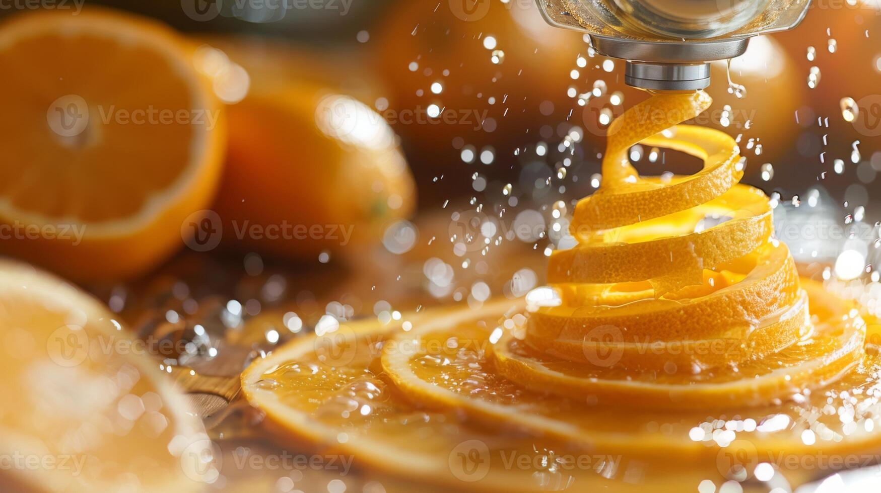 AI generated A juicer squeezing out a spiral of orange juice, with a twist peel photo