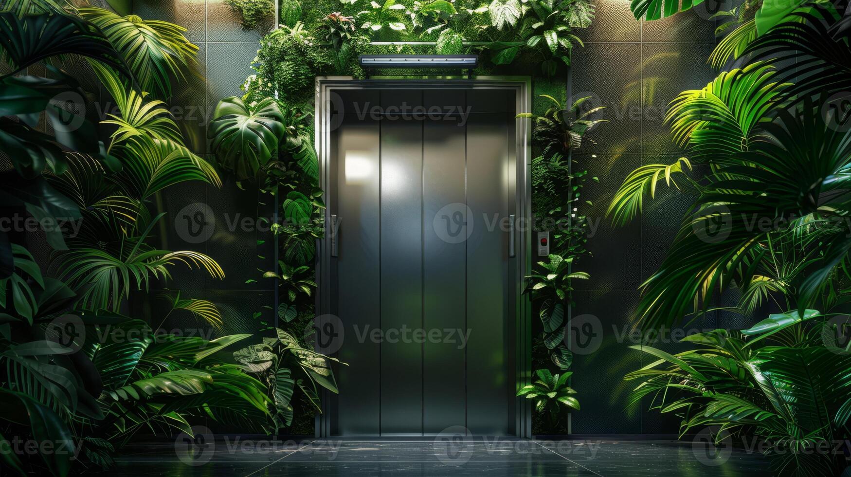 AI generated Elevator doors opening to a lush, hidden jungle photo