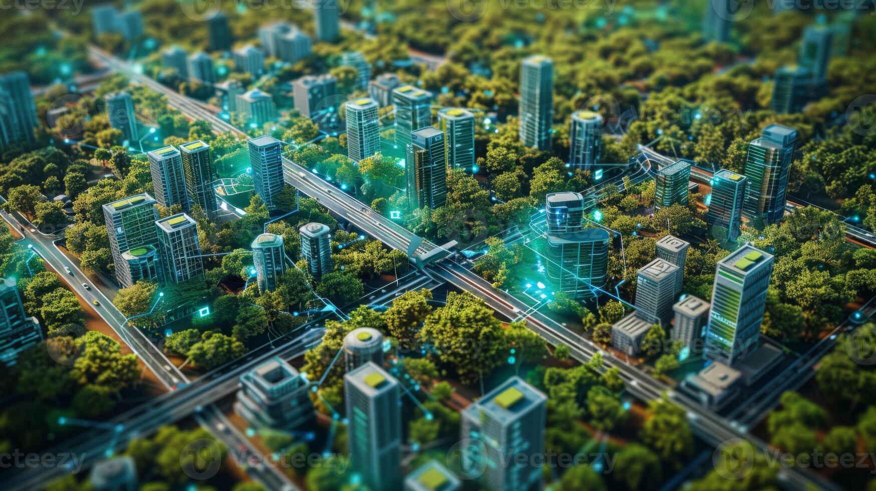 AI generated An aerial view of a smart city empowered by decentralized manufacturing and cutting-edge infrastructure photo