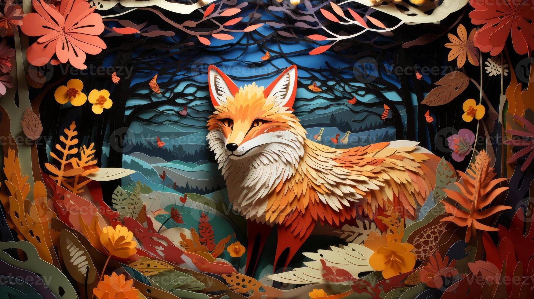 AI generated Paper cut fox in a vibrant forest, bright colors, detailed textures photo