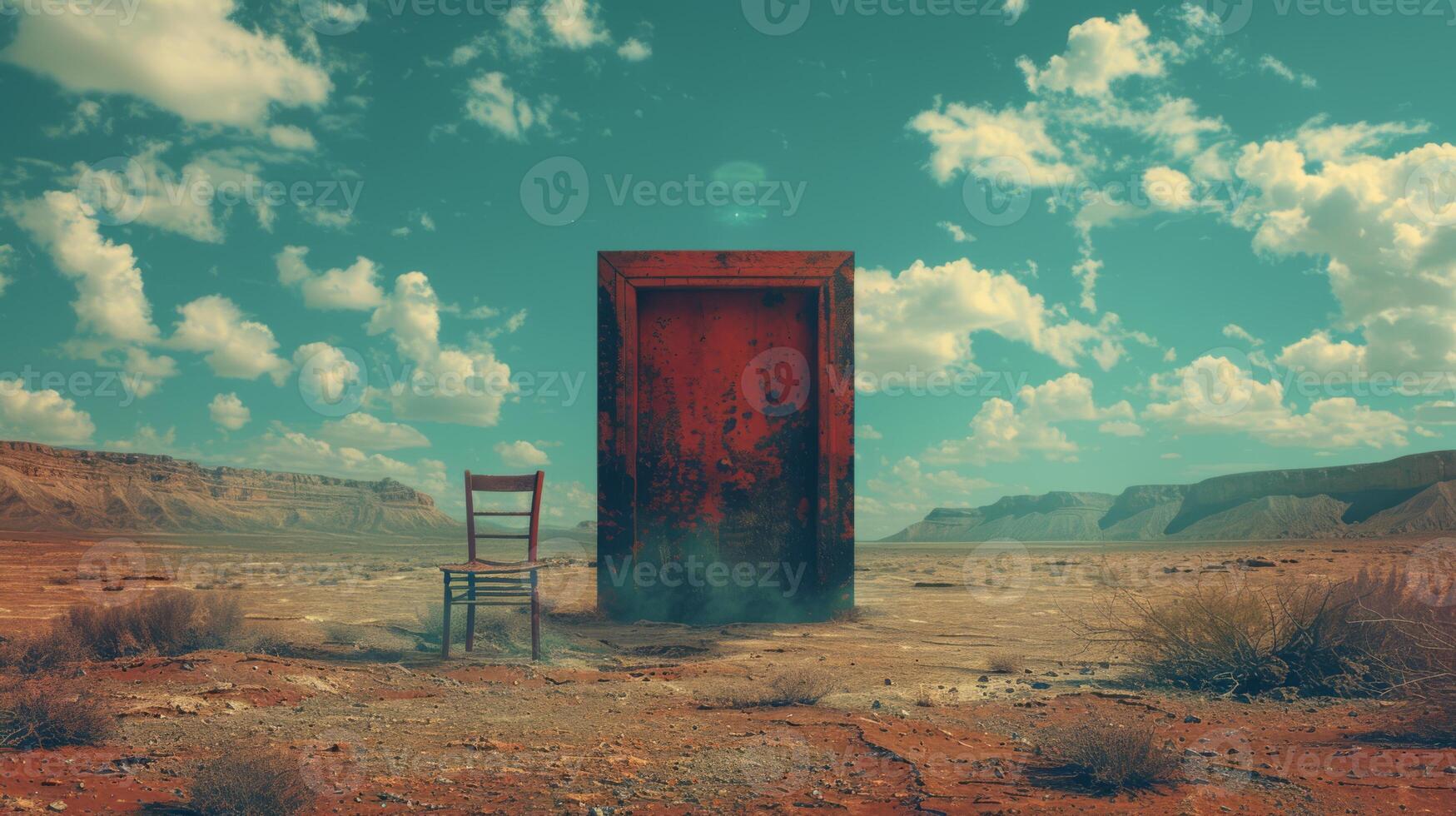 AI generated A single chair facing a large, ominous door in a vast desert photo