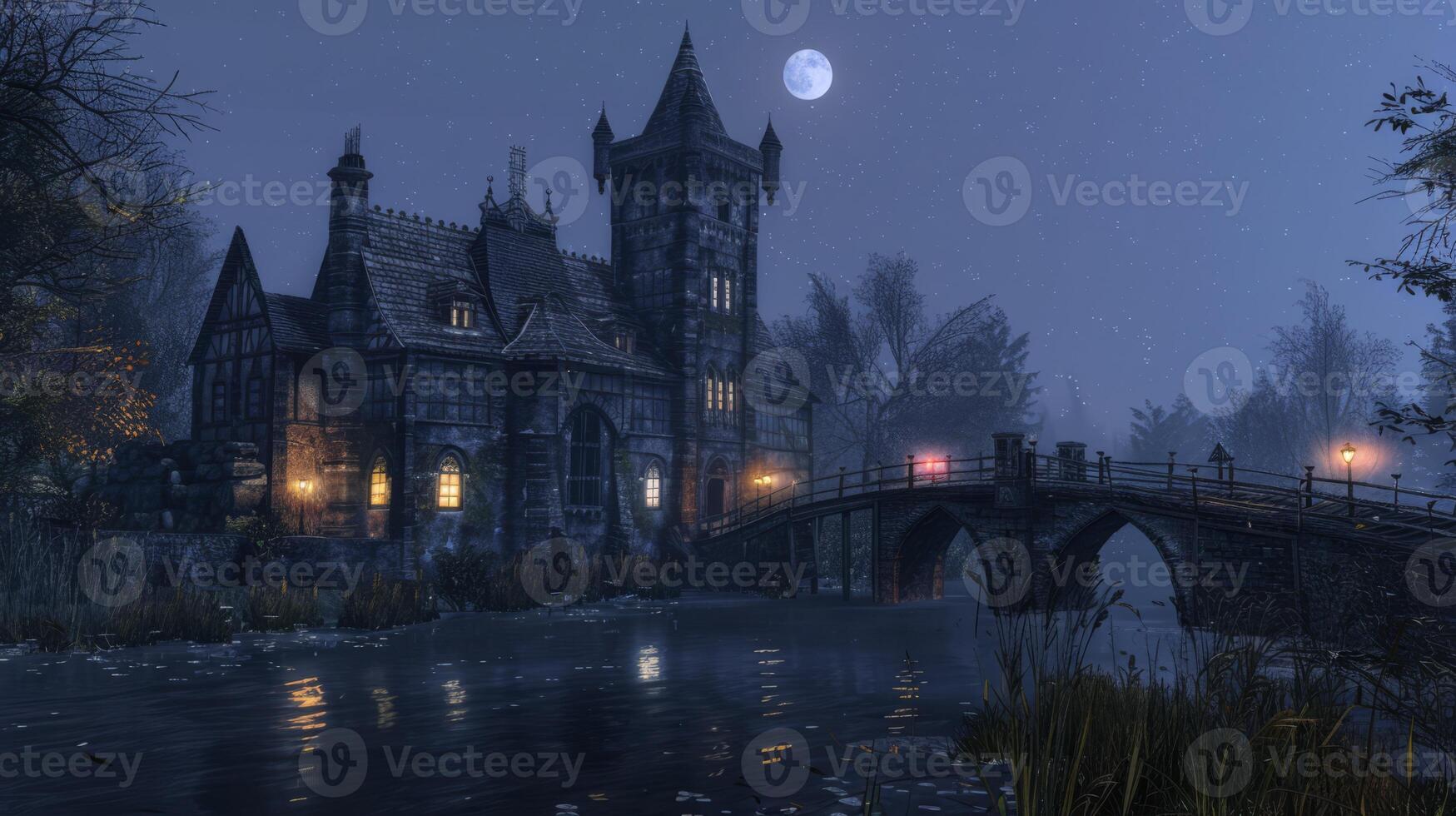 AI generated Abandoned castle with a moat and bridge at night photo