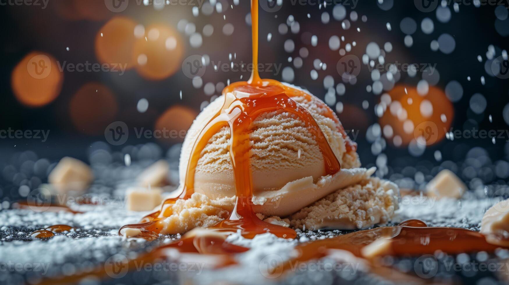 AI generated A stream of molten caramel pouring over a scoop of vanilla ice cream photo