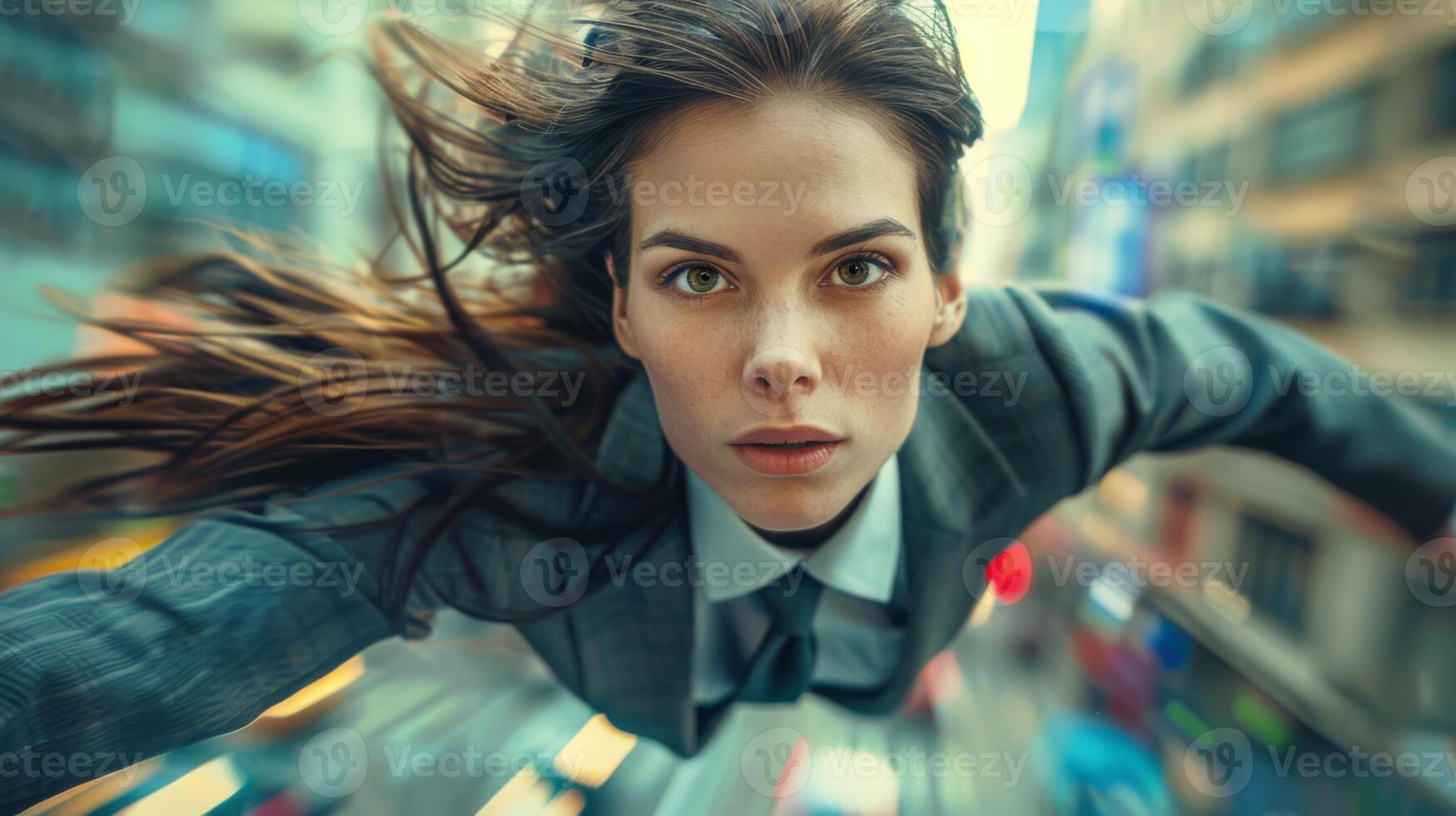 AI generated A businesswoman in a suit flying with a cape in a city, saving failing businesses photo
