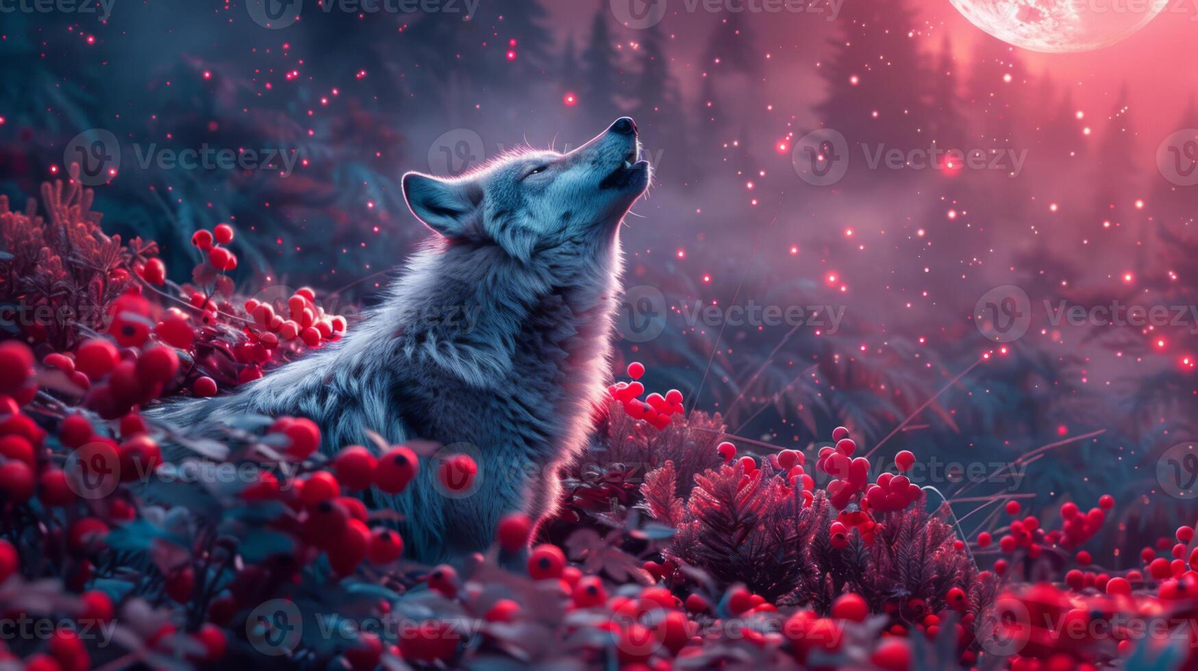 AI generated A wolf howling under a moon of white chocolate in a starry night of berries, photo