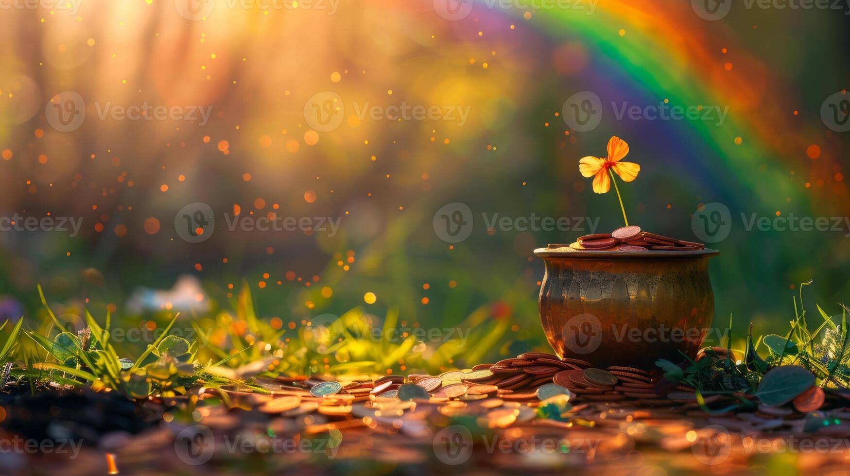 AI generated A pot of coins at the end of a rainbow, connecting nature and financial success. photo