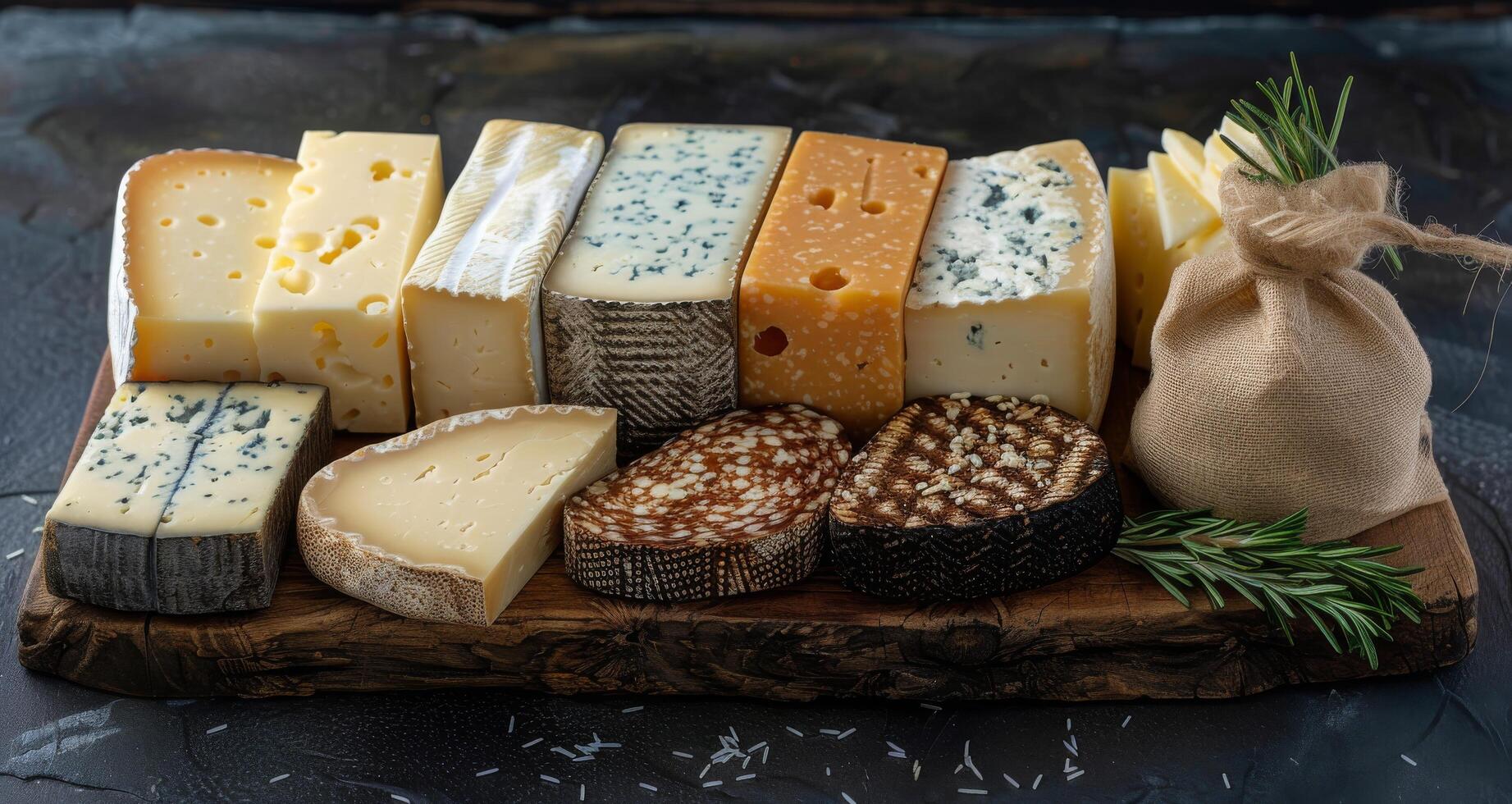 AI generated Assorted Cheese Selection on Wooden Board photo