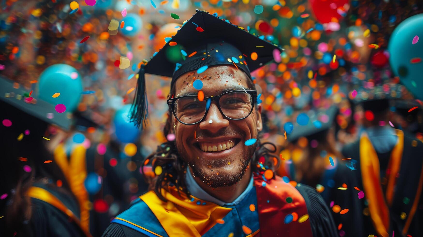 AI generated Man in Graduation Cap and Gown Surrounded by Confetti photo