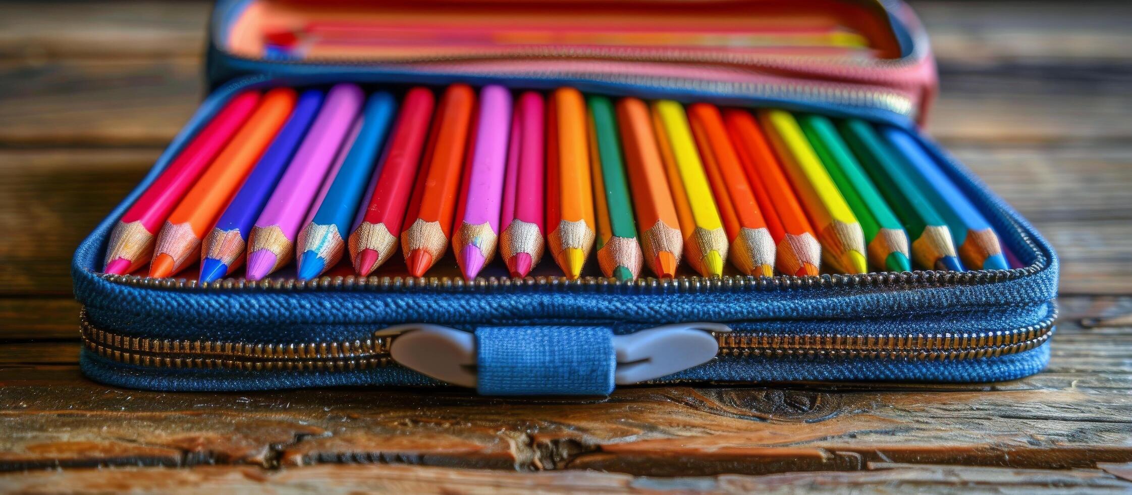 ai generado azul caso con de colores lapices en de madera mesa foto