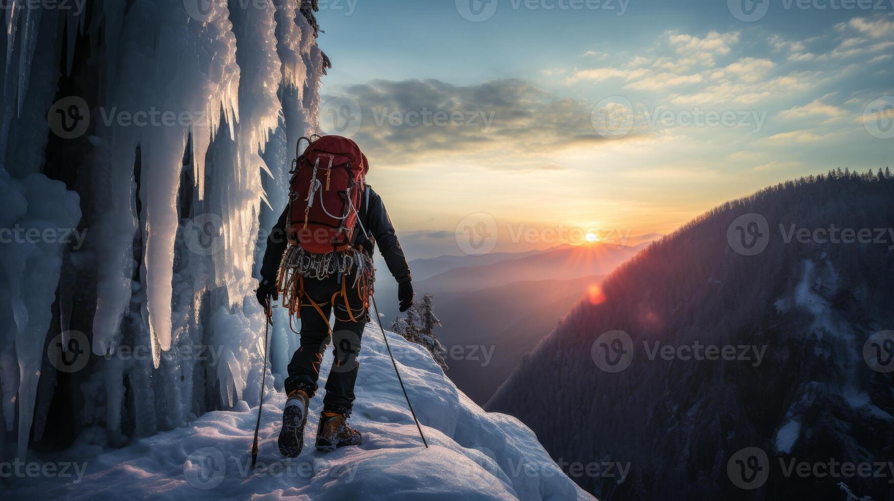 AI generated Ice climber ascending a frozen waterfall, cold edge adventure photo